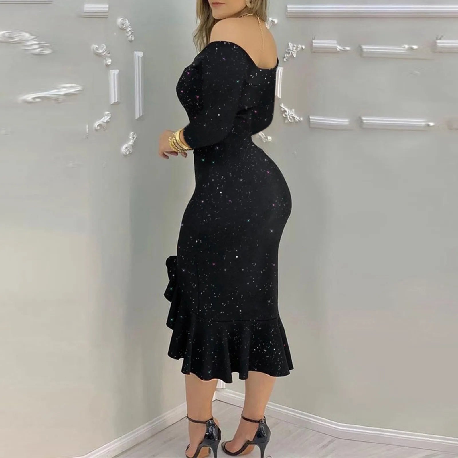 Women Party Sequin Dress Sexy Off Shoulder Robe Femme Ruffle Hem Slit Slim Bodycon Dresses Fashion Solid Female Vestidos
