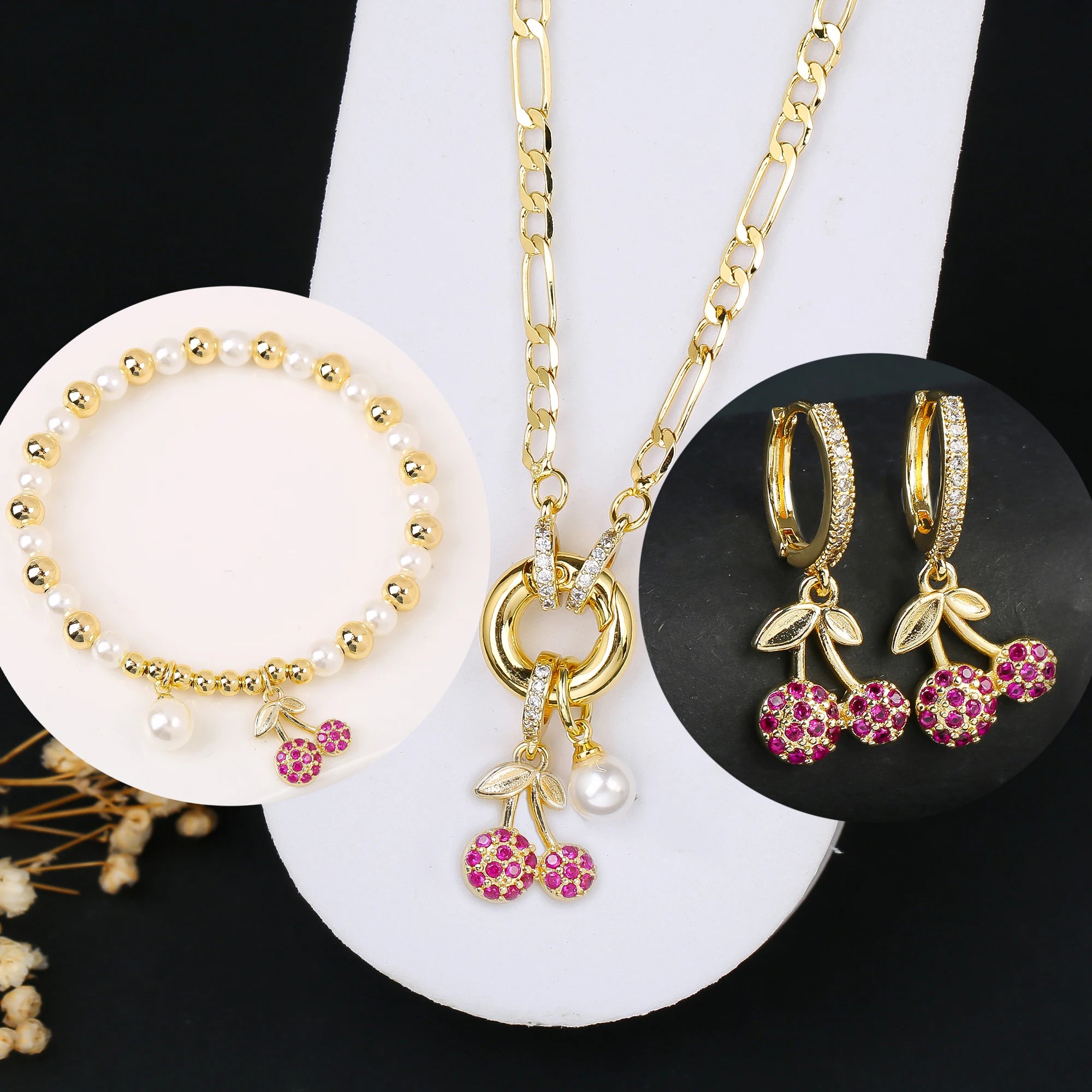 3pcs Hot Sale Shiny Zirconia Crystal Cherry Necklace Bracelet Earrings Jewelry Set Fashion for Woman Girl Wedding Lucky Jewelry
