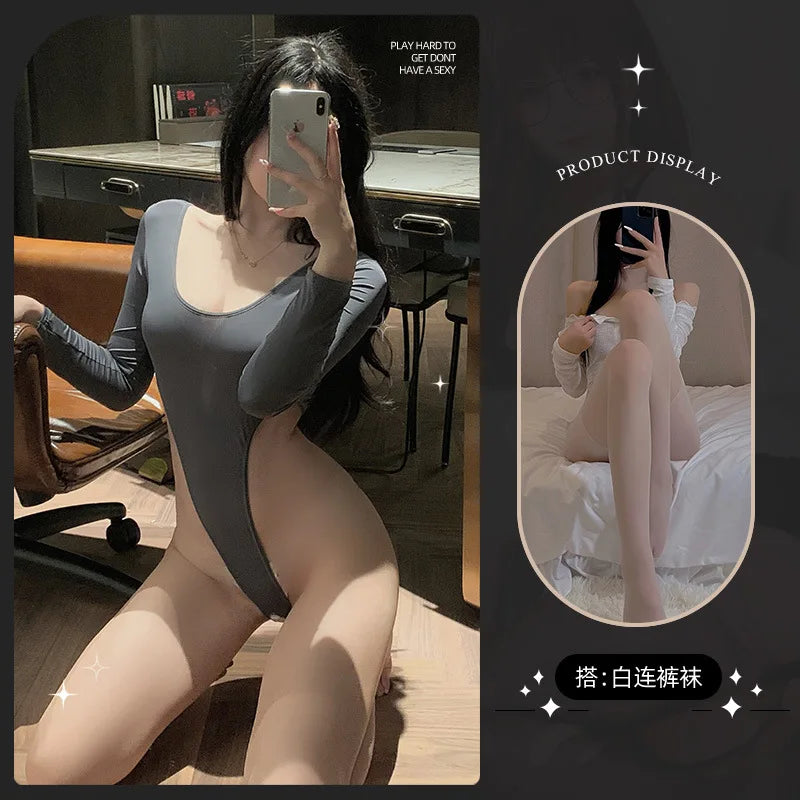 New Spring/Summer sexy lingerie nightgown body suits Long sleeved pure desire Solid color slim fit Appear thin 8194 MVLJ