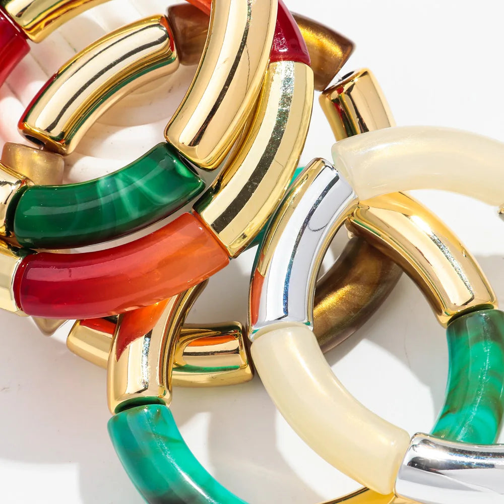 Bohemia Gold Silver Color Acrylic Chunky Bamboo for Women Bracelets Boho Resin Curved Tube Stretchy Bangle Fashion Jewelry
