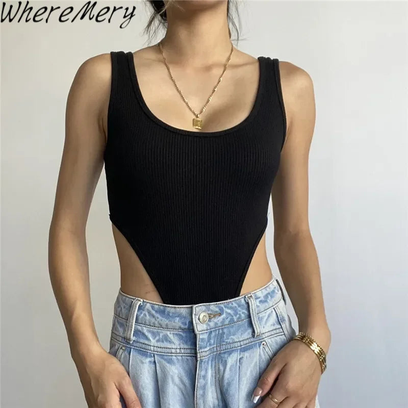 WhereMery Fashion Solid Ribbed Slim Bodysuit Y2K Sexy Sleeveless U-neck Women Bodice Harajuku Basic Daily Spring Summer New Tops