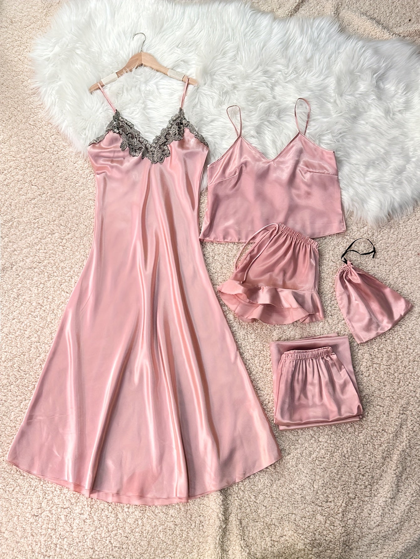 Elegant 5-Piece Women’s Satin Sleep Set: V-Neck, Lace Detail, All-Season Loungewear & Pajamas