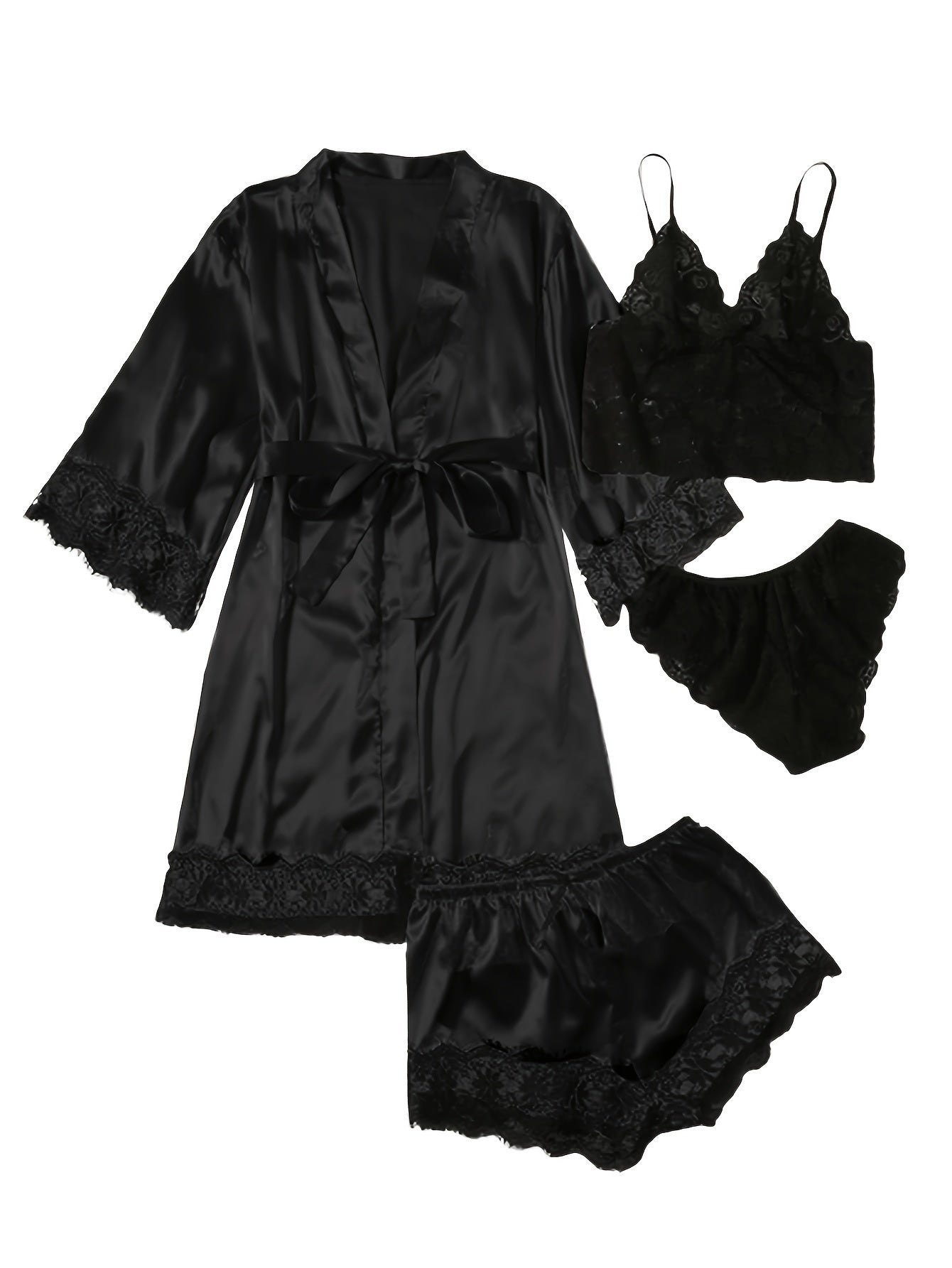 Women' Silk Satin Pajamas Set 4pcs Lingerie Floral Lace Cami Sleepwear with Robe