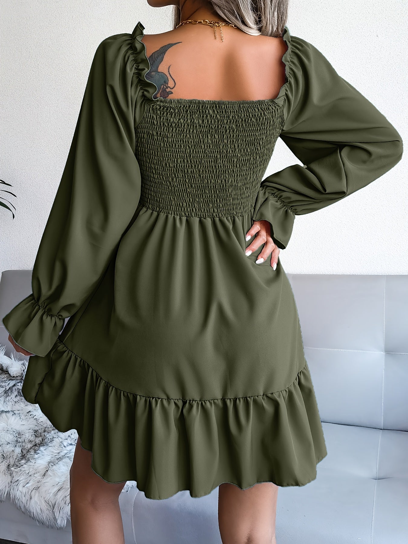 Flirty Squared Neck Ruffle Hem Dress - Feminine Shirred Detail, Timeless Solid Color, Perfect for Spring & Fall Wardrobe