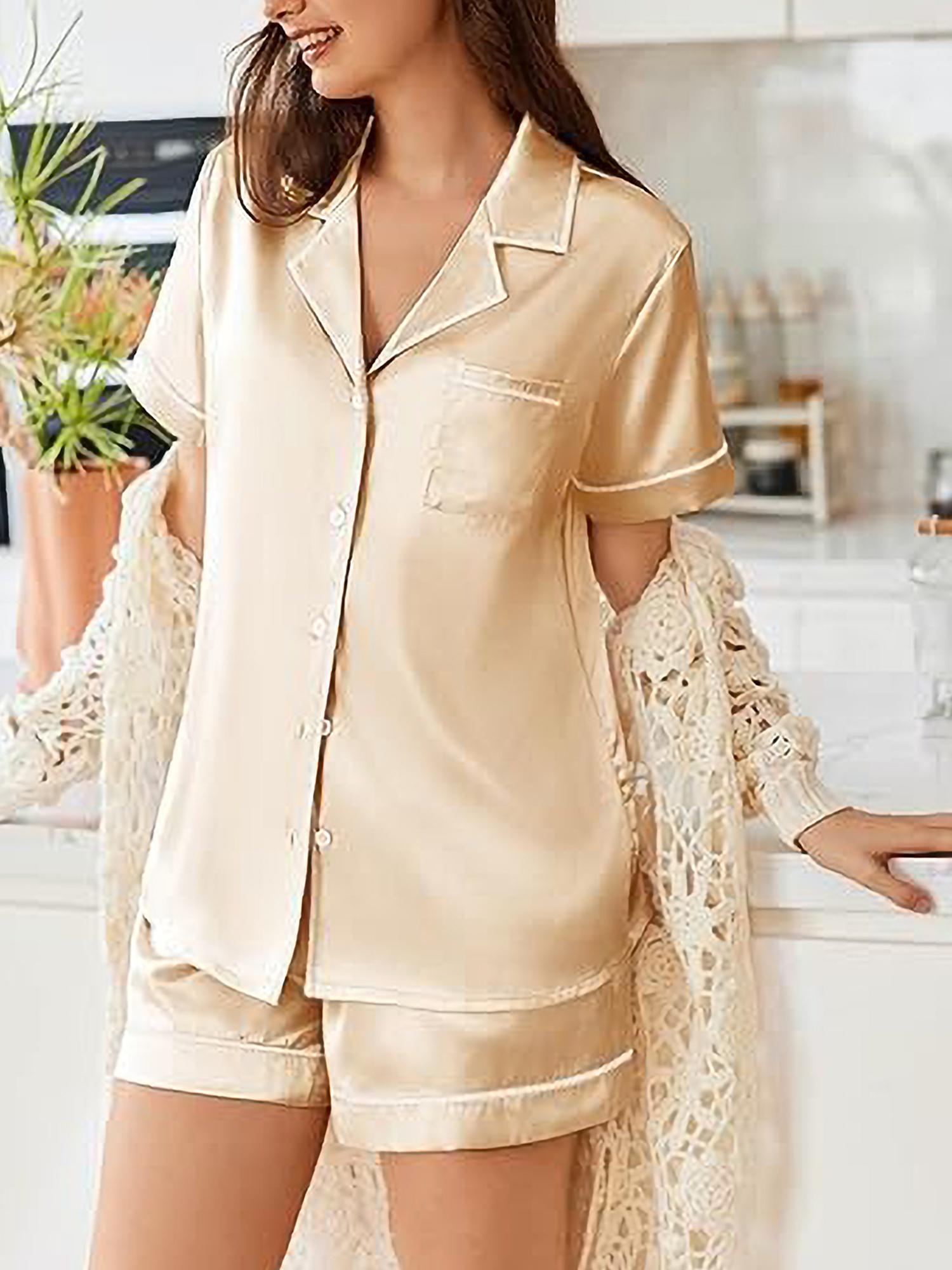 Womens Satin Pajamas Set Short Sleeve Sleepwear Button Down Top and Shorts Loungewear 2pcs Pjs Set casual summer outfits for women high quality sleep set wedding party honeymoon vacation