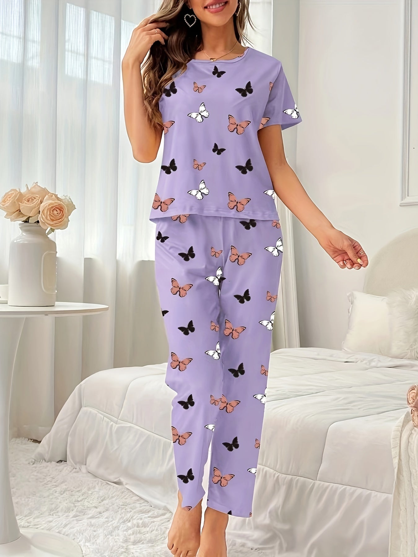 All-Season Chic Butterfly Lounge Set: Flame-Resistant, Comfort-Fit Women's Pajamas with Easy Maintenance