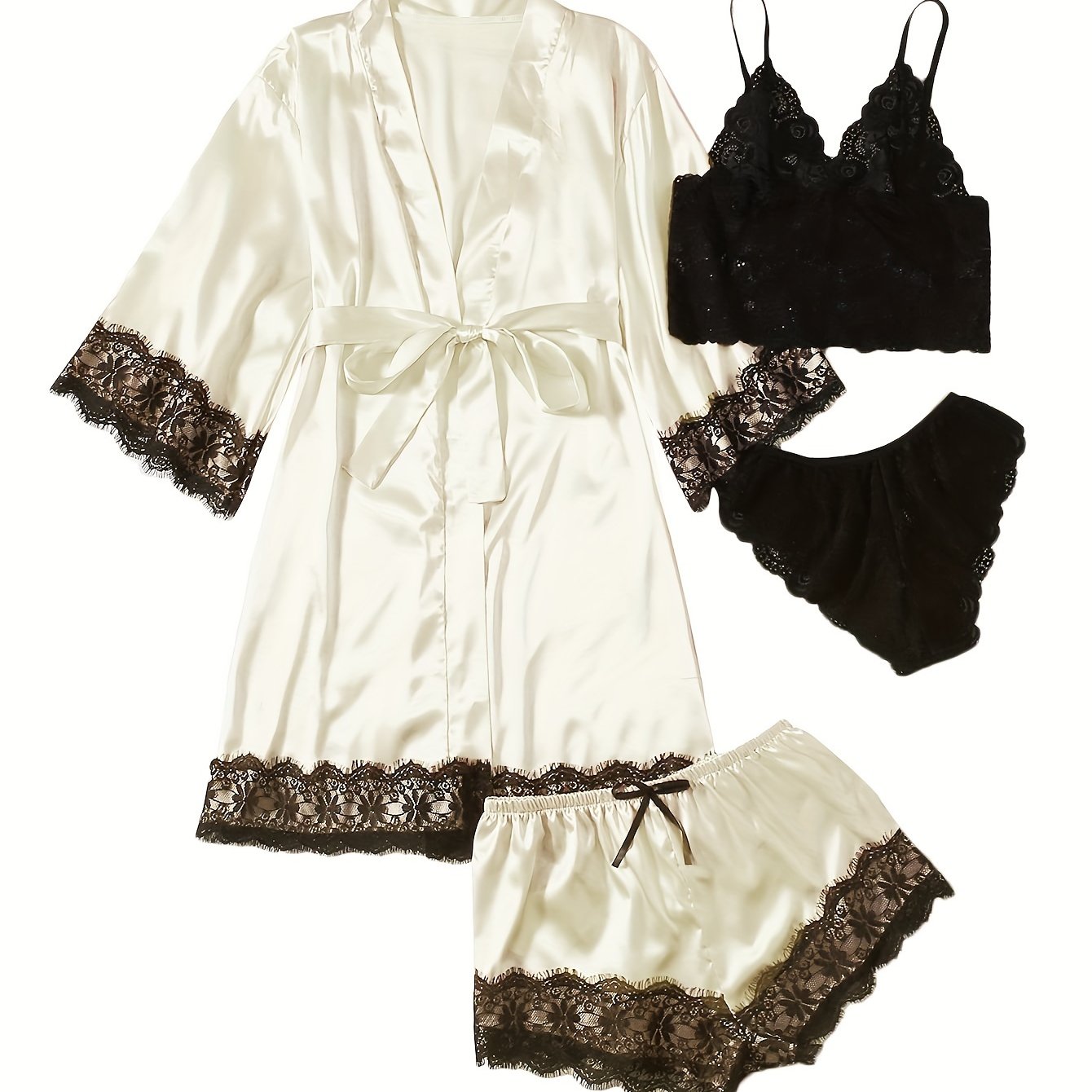 Women' Silk Satin Pajamas Set 4pcs Lingerie Floral Lace Cami Sleepwear with Robe