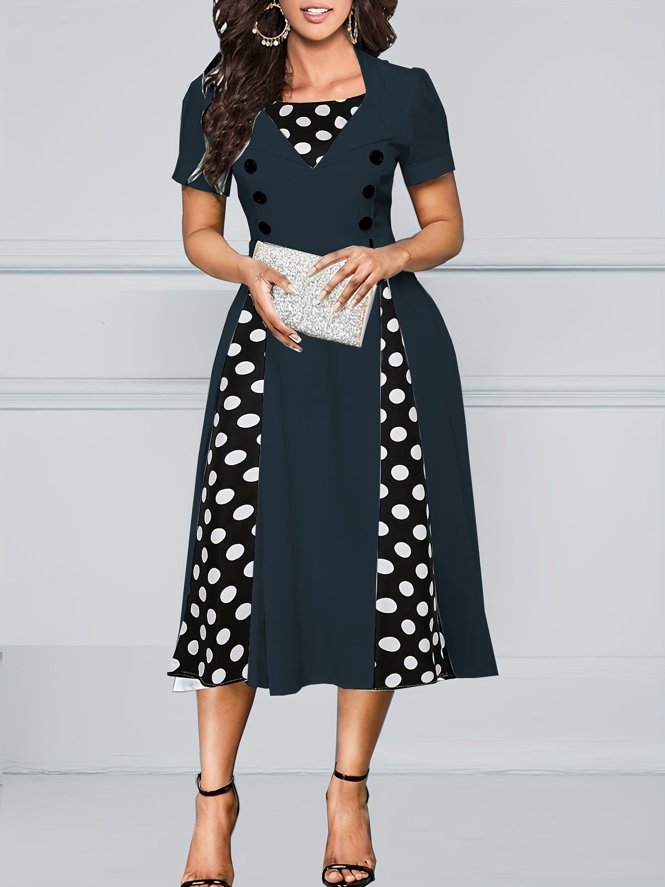 Polka Dot Color Block Button Dress, Elegant Short Sleeve Dress For Spring & Summer, Women's Clothing