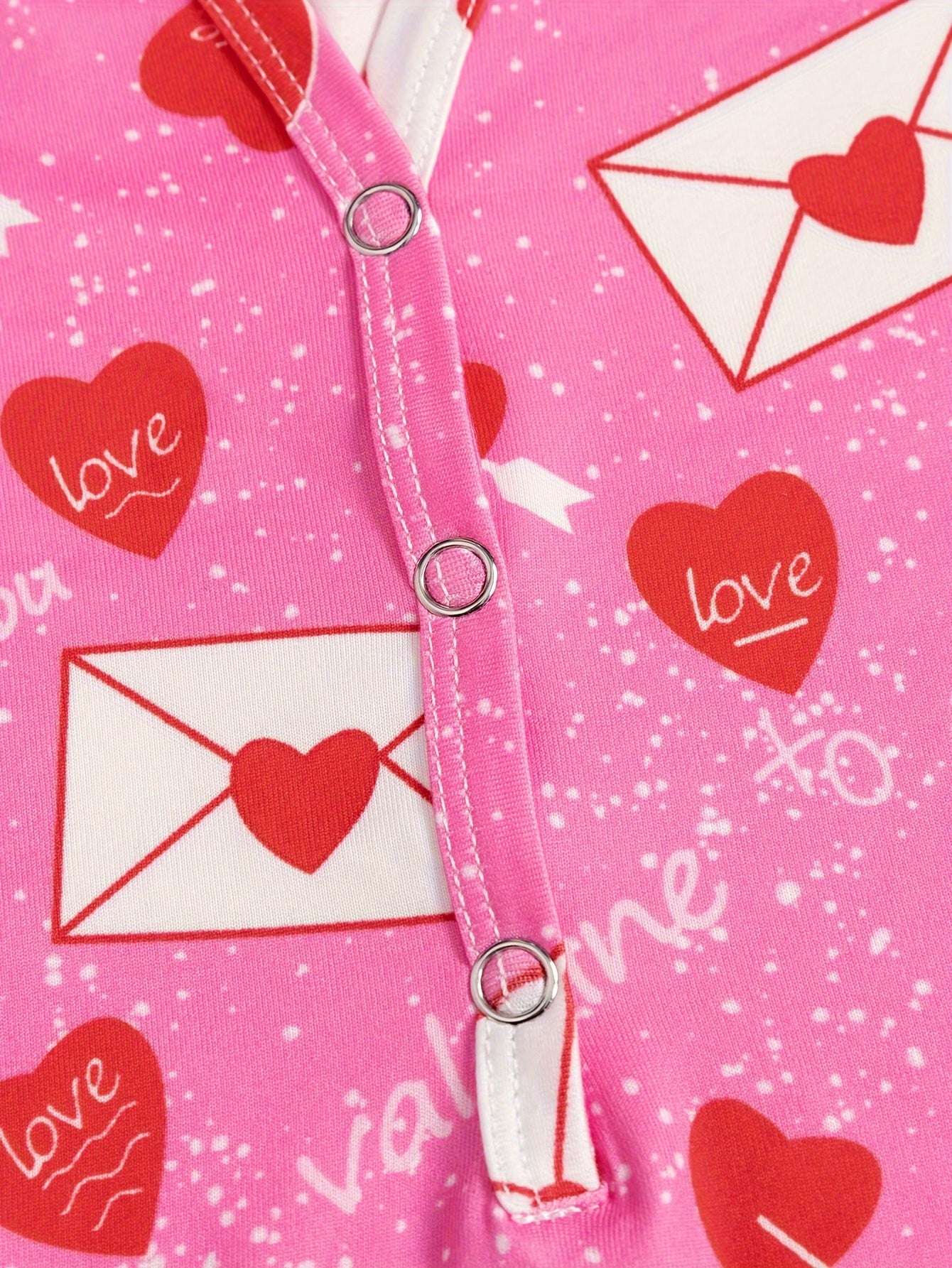 Valentine's Day Heart & Envelope & Slogan Print Jumpsuit, Long Sleeve Button Up V Neck Tapered Leg Pajamas, Women's Sleepwear & Loungewear