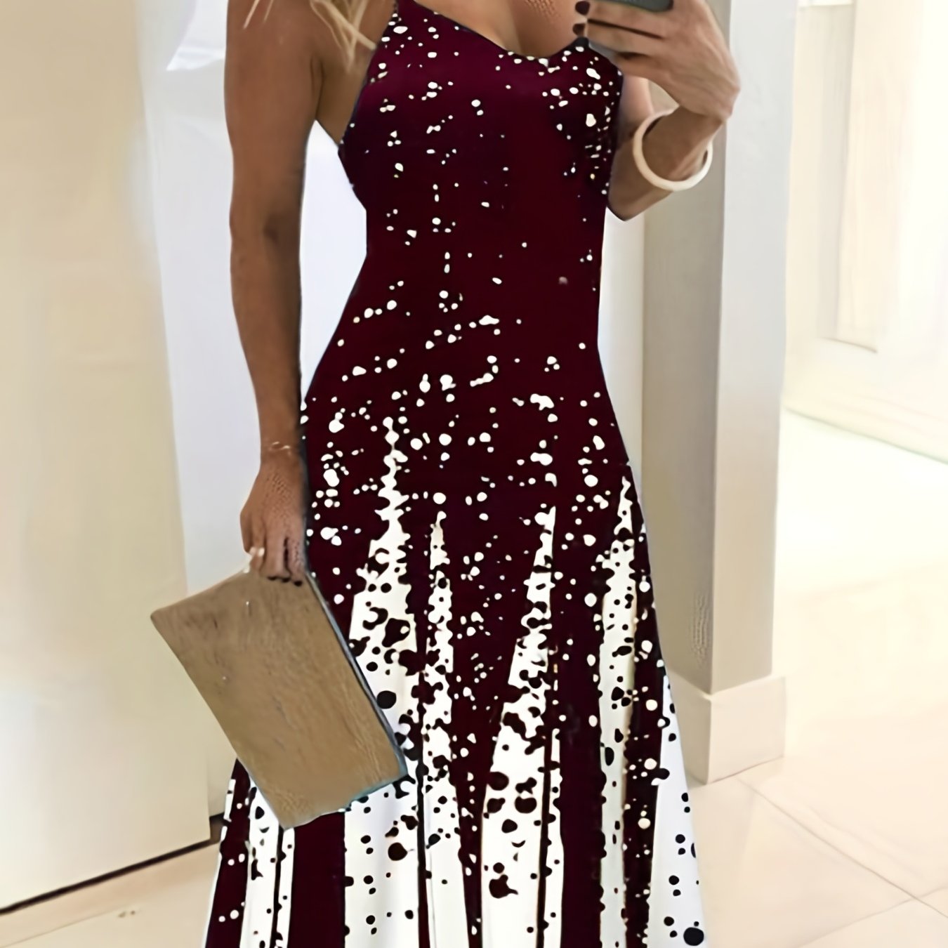 Elegant Summer Midi Dress: V-Neck, Sleeveless, Slim Waist, Color Block & Geometric Pattern for Stylish Women