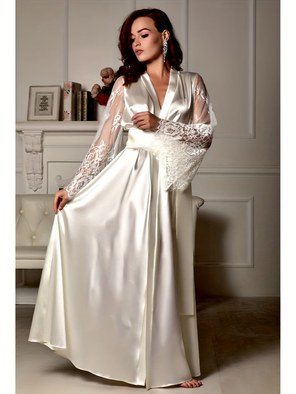 Women's Lace Casual Robe - Sexy V-neck Pajamas, Long See Through Sleeve Nightwear - Soft and Comfortable Fabric - For Lounging at Home or Relaxing - Perfect Gift for Her