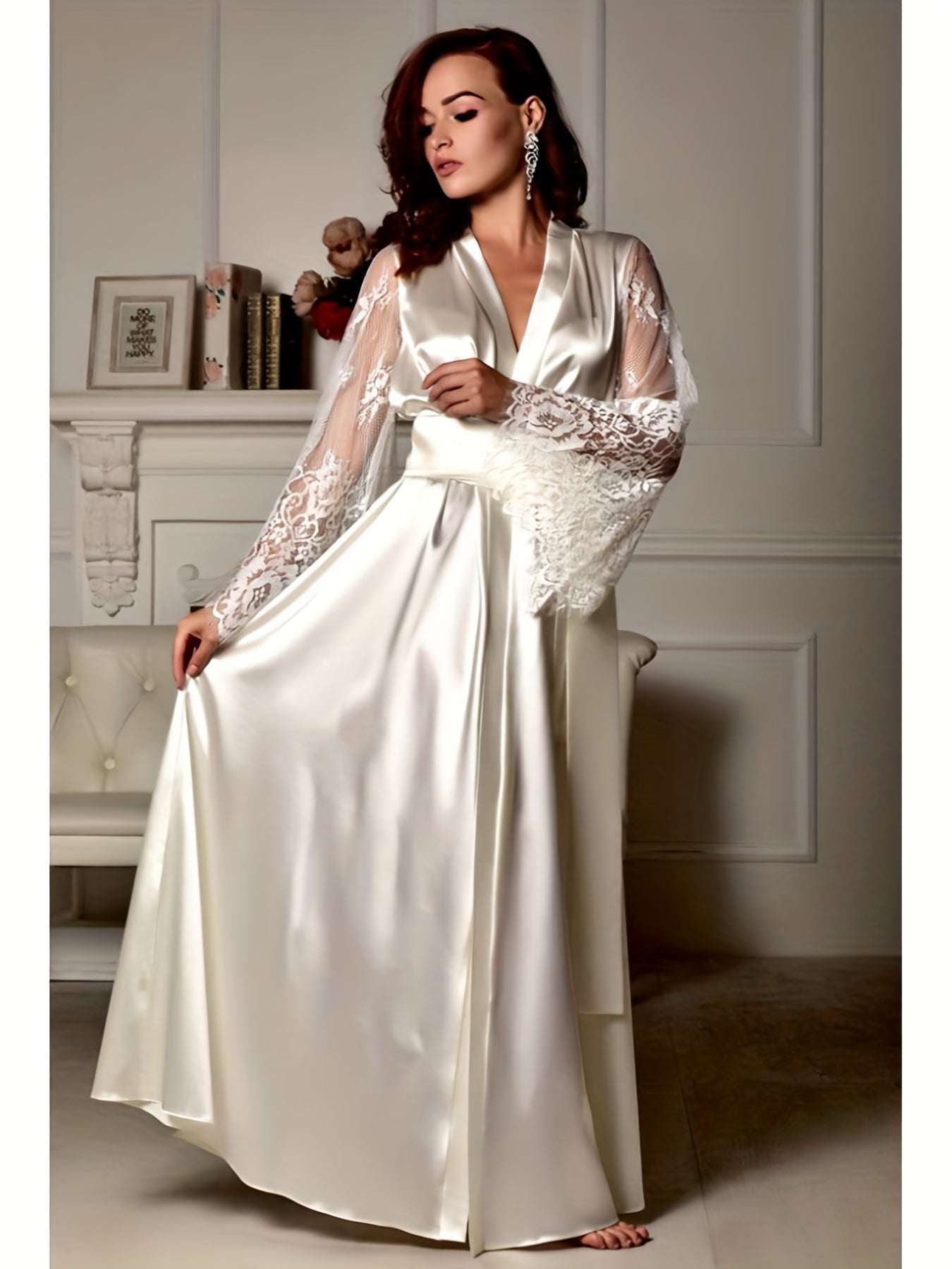 Women's Lace Casual Robe - Sexy V-neck Pajamas, Long See Through Sleeve Nightwear - Soft and Comfortable Fabric - For Lounging at Home or Relaxing - Perfect Gift for Her