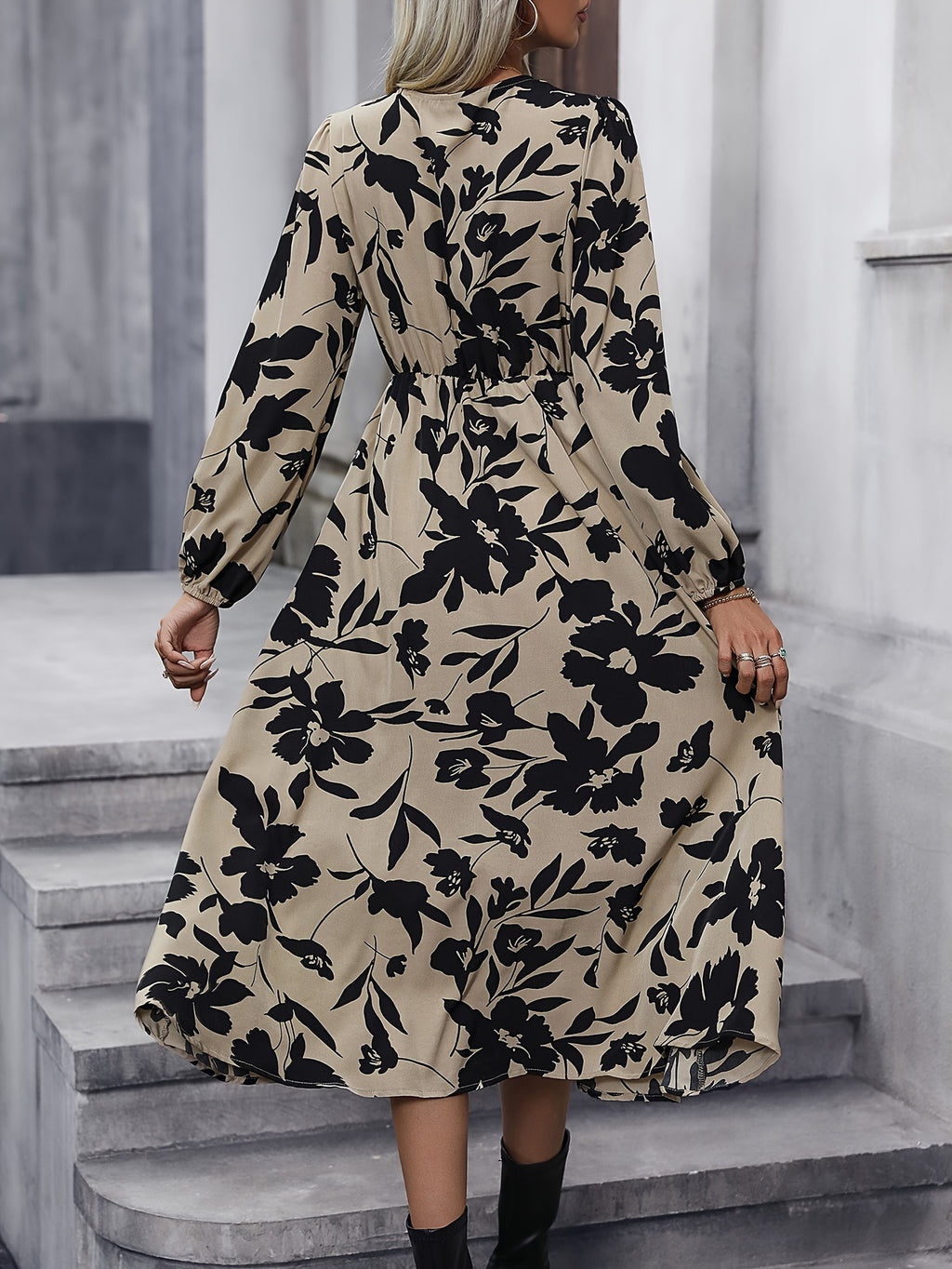 Vibrant Floral Print Dress - Chic Split V Neck, Comfortable Long Sleeves, Exuding Elegant Charm - Perfect for Spring and Fall, Womens Stylish Clothing
