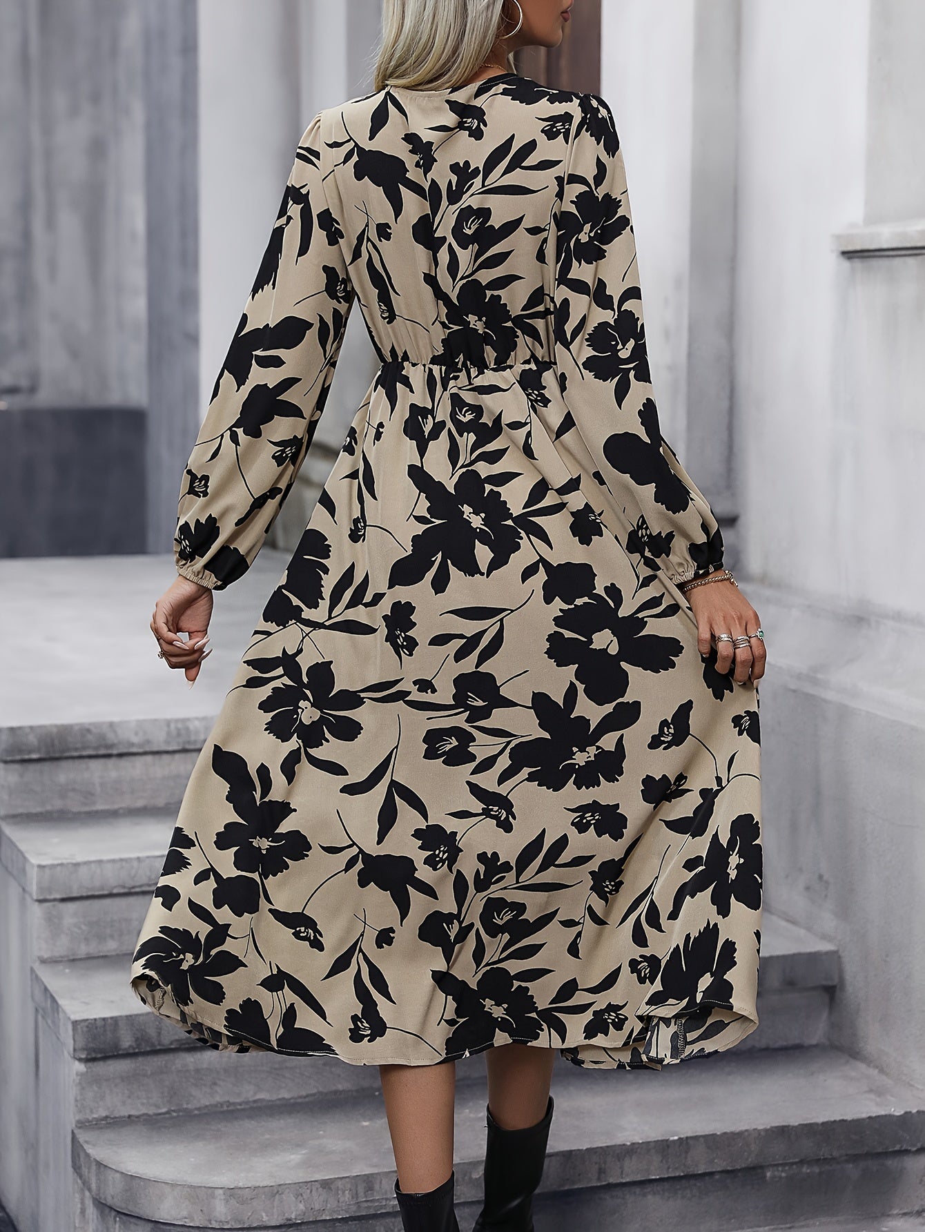 Vibrant Floral Print Dress - Chic Split V Neck, Comfortable Long Sleeves, Exuding Elegant Charm - Perfect for Spring and Fall, Womens Stylish Clothing