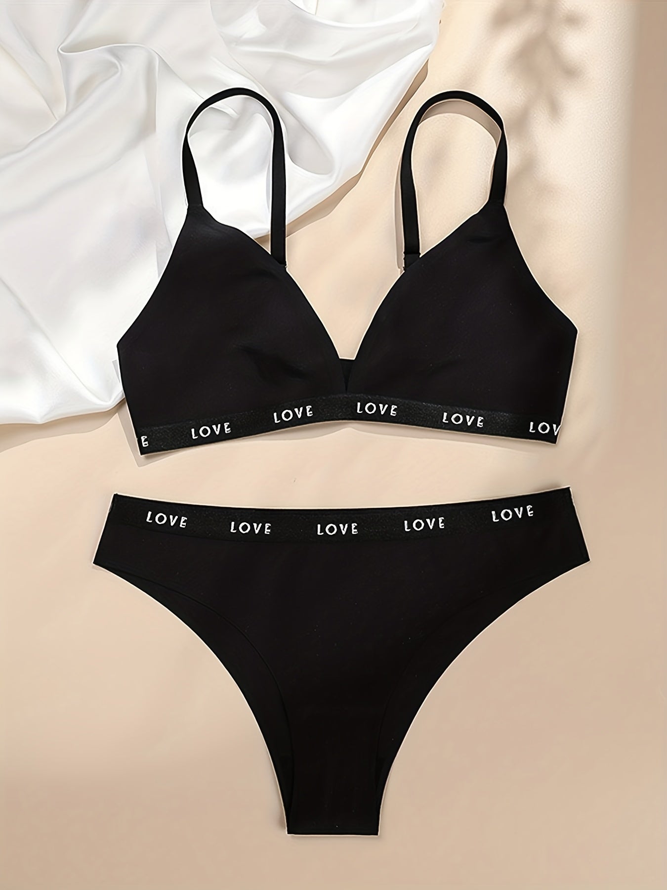 Letter Print Bra & Panties, Triangle Cups Plunge Bra & Seamless Panties Lingerie Set, Women's Lingerie & Underwear
