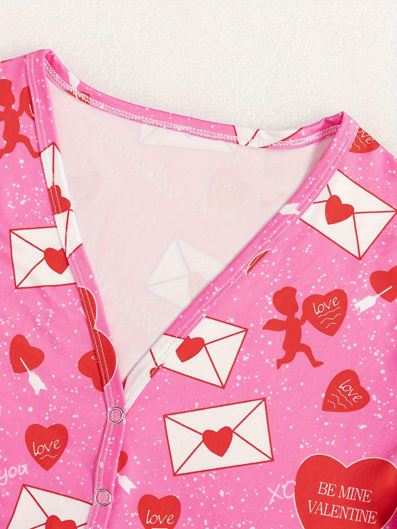 Valentine's Day Heart & Envelope & Slogan Print Jumpsuit, Long Sleeve Button Up V Neck Tapered Leg Pajamas, Women's Sleepwear & Loungewear