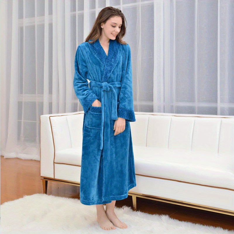 1pc Autumn Winter Flannel Bathrobe, Soft And Skin-friendly Pajamas, Thickened Unisex Nightgown, Warm Long Robe Sleepwear For Home, Bathroom Supplies, Bathroom Accessory