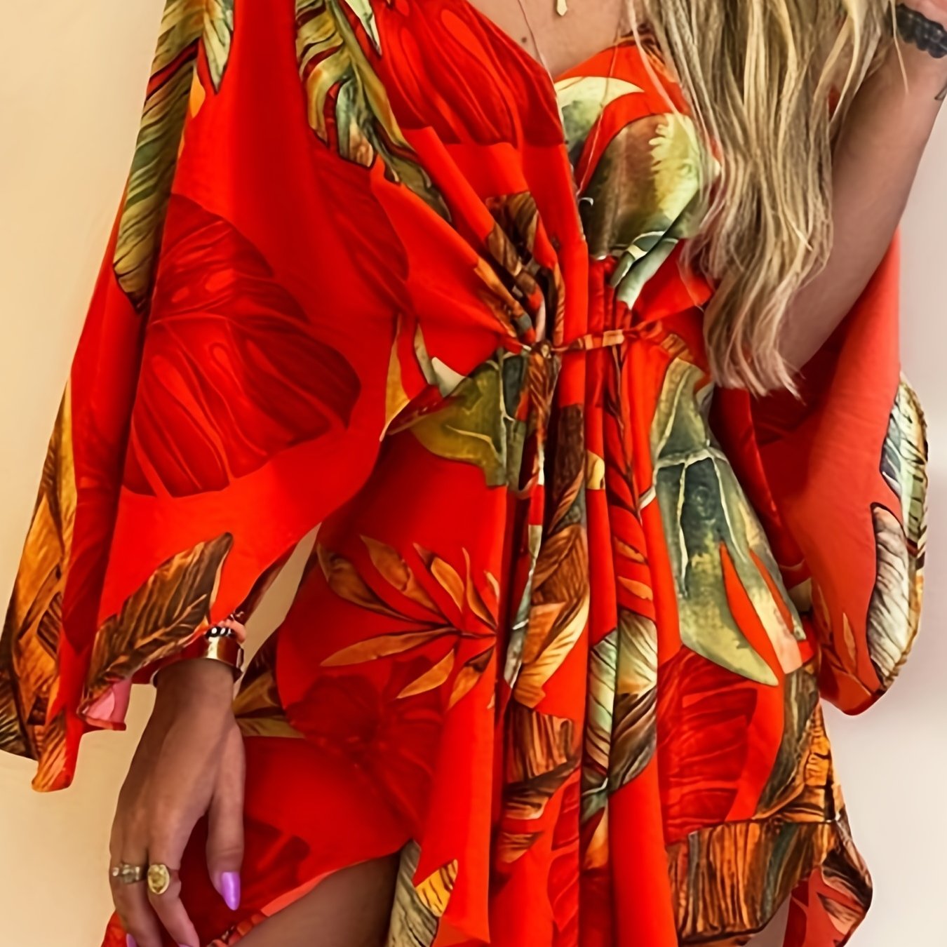 Fashionable V Neck Batwing Dress - Vibrant Full Printed Design with Flattering Tie Waist - Perfect Casual Wear for Women