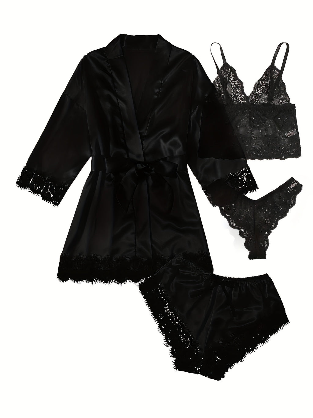 Women' Silk Satin Pajamas Set 4pcs Lingerie Floral Lace Cami Sleepwear with Robe