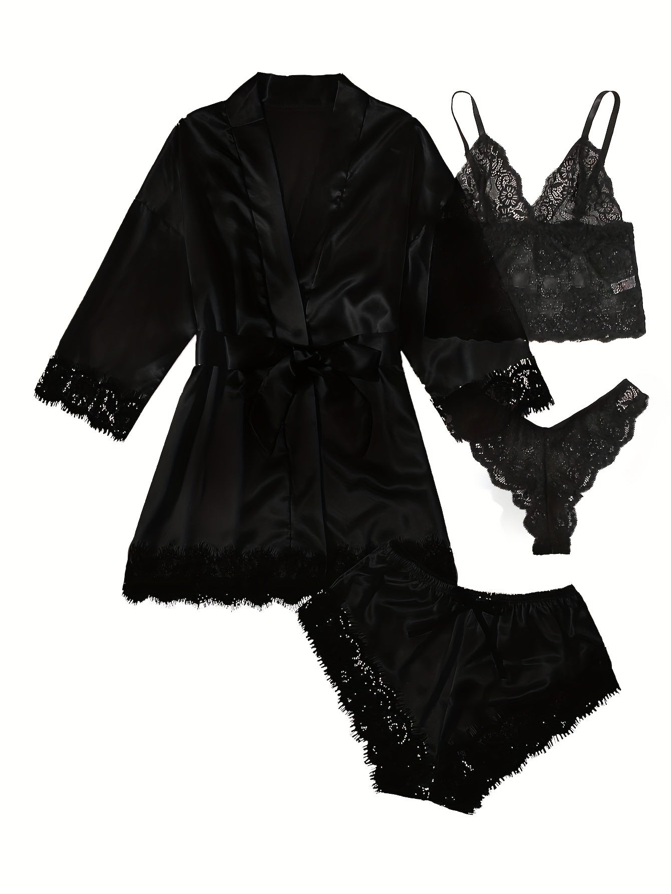 Women' Silk Satin Pajamas Set 4pcs Lingerie Floral Lace Cami Sleepwear with Robe