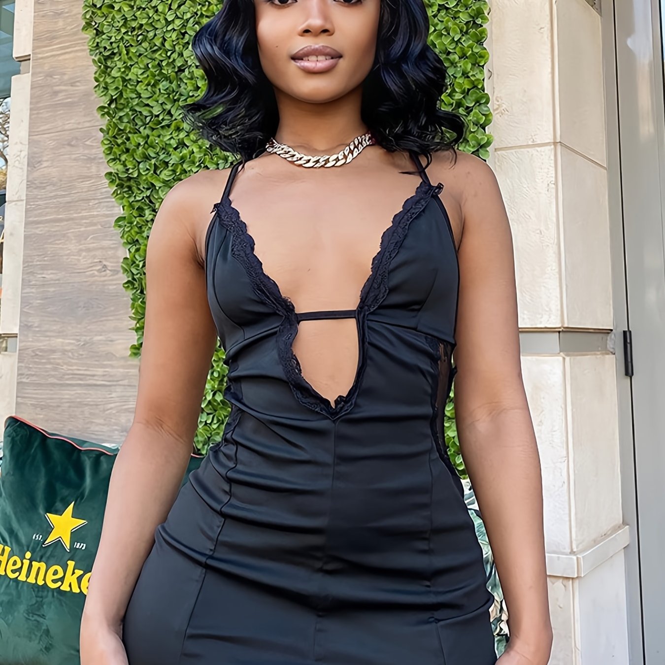 Lace Contrast Bodycon Cami Dress - Sexy Backless Plunging V-neck Spaghetti Dress - Stretchy Fabric - For Women - Perfect for Parties & Night Out - Ideal Gift for Her