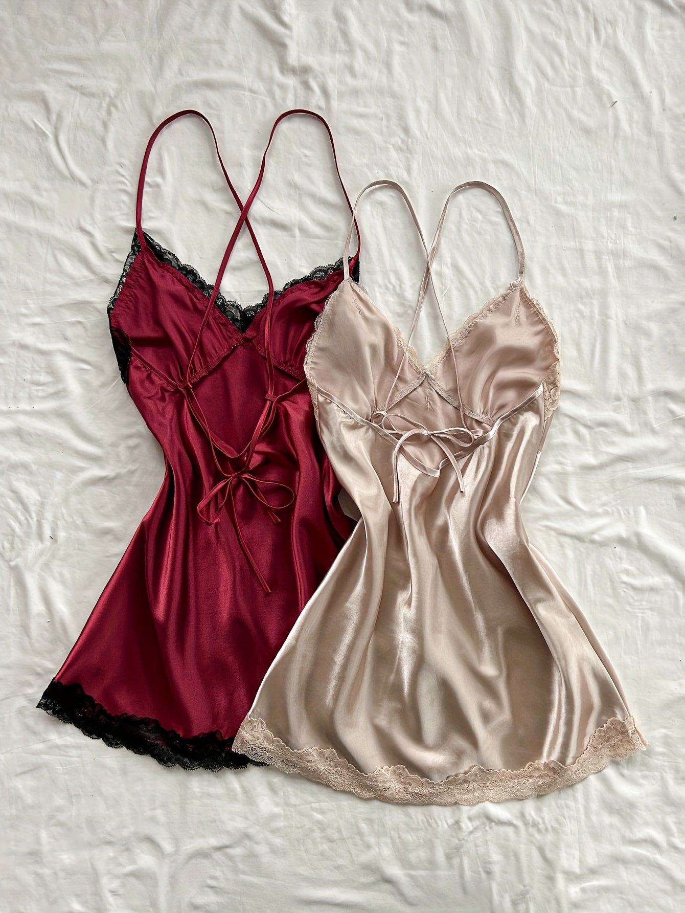 2pcs Lace-Trimmed V-Neck Satin Nightgowns - Black & Blush, Strapless Sleepwear with Ruched Detail, Adult All-Season Pajamas, Nightwear Essentials|Ruched Fabric|Strapless Design