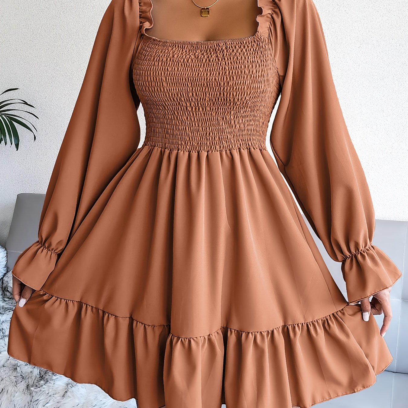 Flirty Squared Neck Ruffle Hem Dress - Feminine Shirred Detail, Timeless Solid Color, Perfect for Spring & Fall Wardrobe