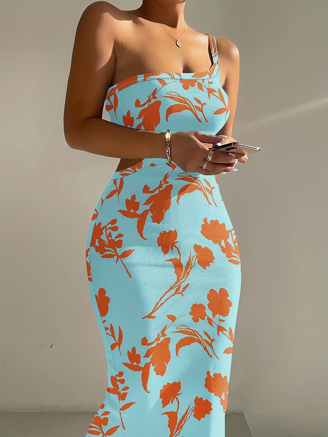 One Shoulder Ribbed Bodycon Dress, Floral Print Dress For Nightclub, Dating, Party, Women's Clothing