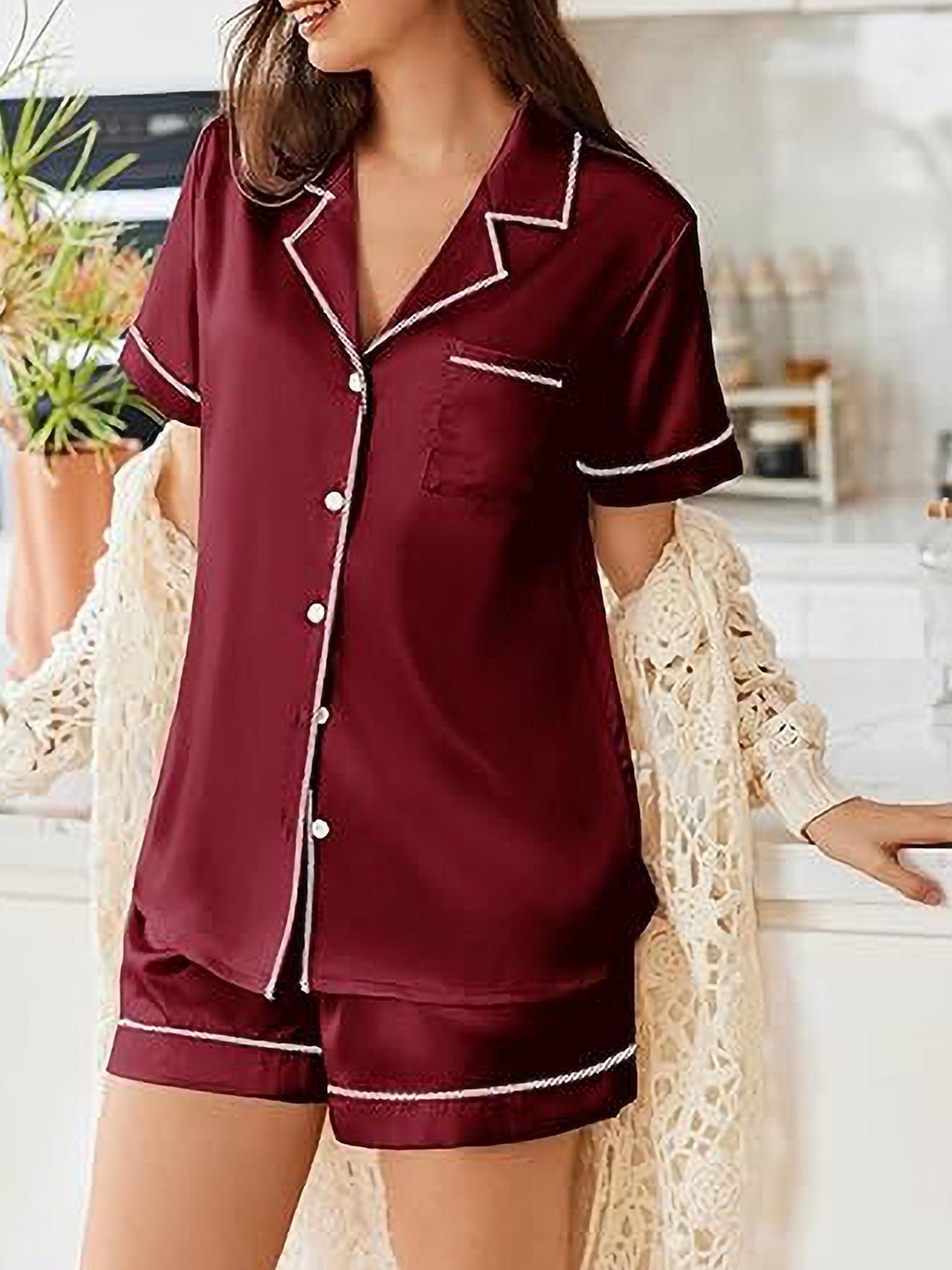 Womens Satin Pajamas Set Short Sleeve Sleepwear Button Down Top and Shorts Loungewear 2pcs Pjs Set casual summer outfits for women high quality sleep set wedding party honeymoon vacation