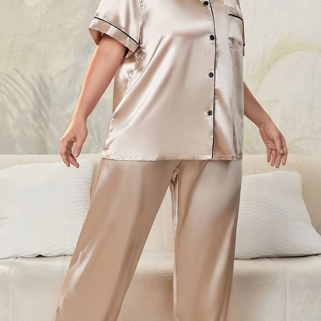 Women's Elegant Pajamas Set, Plus Size Contrast Binding Short Sleeve Button Up Satin Blouse & Pants Lounge 2 Piece Set
