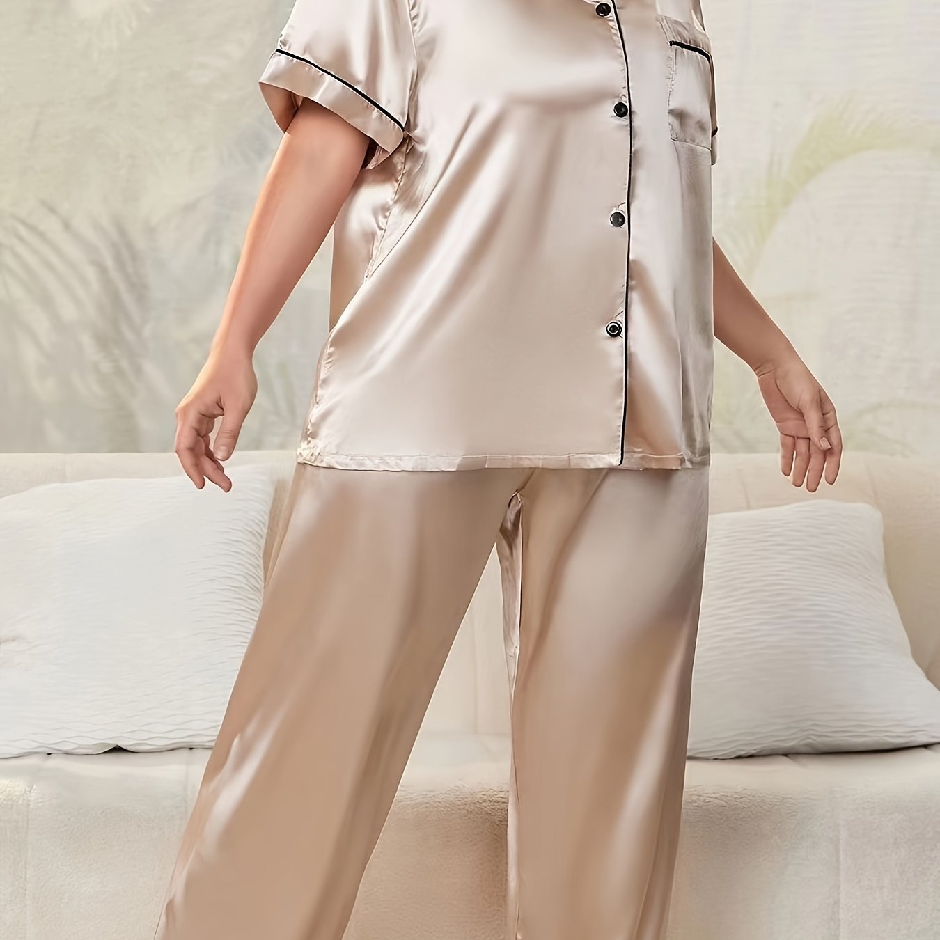 Women's Elegant Pajamas Set, Plus Size Contrast Binding Short Sleeve Button Up Satin Blouse & Pants Lounge 2 Piece Set