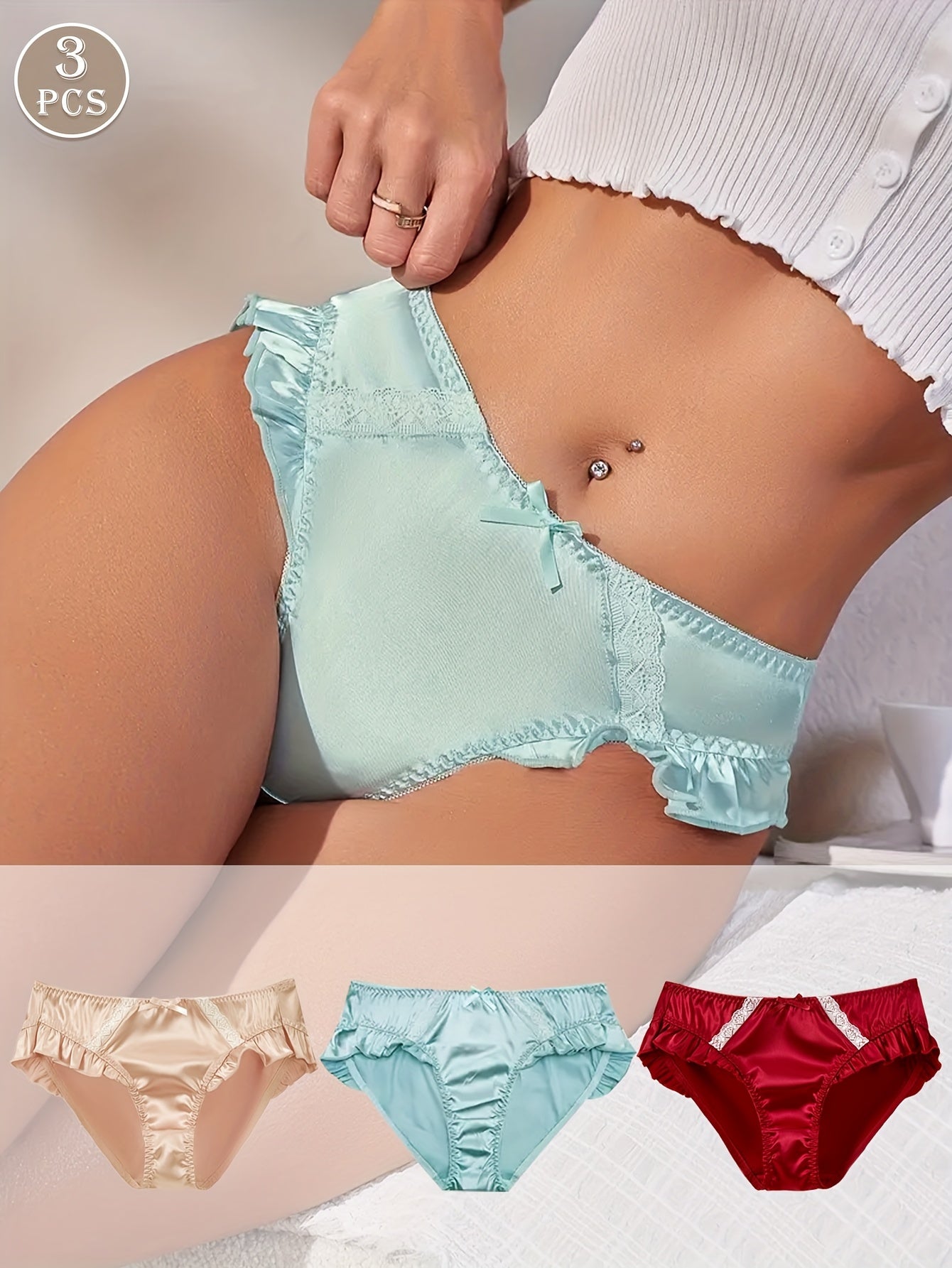 3-Pack Women'S Satin Color Panties, Low-Rise, Breathable, Comfortable, Cute Bow Detail, Solid Color, Polyester, Ladies' Underwear, Pajamas, Loungewear