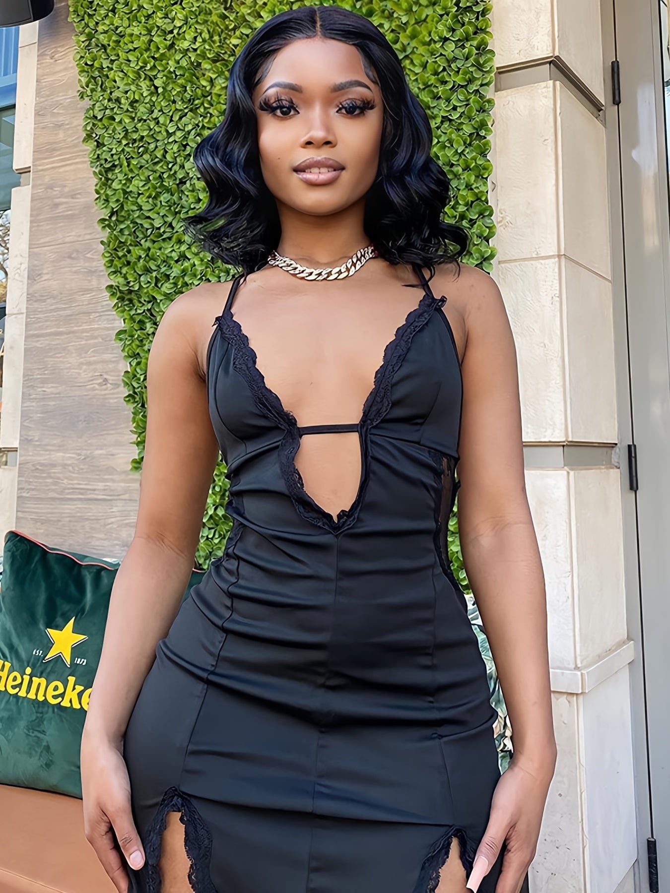 Lace Contrast Bodycon Cami Dress - Sexy Backless Plunging V-neck Spaghetti Dress - Stretchy Fabric - For Women - Perfect for Parties & Night Out - Ideal Gift for Her