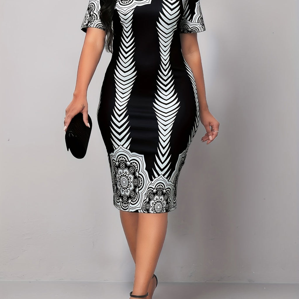 Mandala Print Bodycon Dress, Elegant Short Sleeve Dress For Spring & Summer, Women's Clothing
