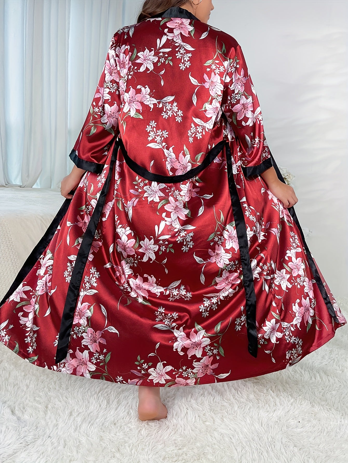 Plus Size Elegant Bathrobe Set, Women's Plus Satin Floral Print Cowl Neck Cami Top & Shorts & Contrast Binding Long Sleeve Open Front Robe Pajamas Three Piece Set