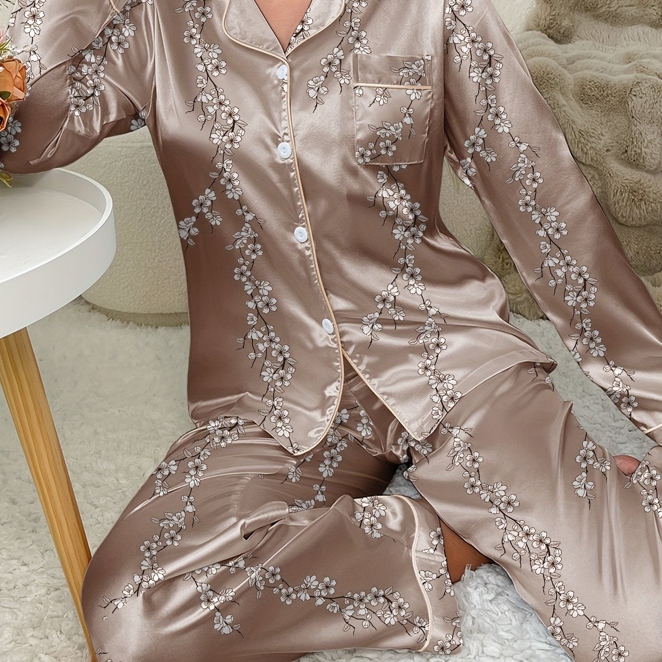 Plant printed long sleeved women's satin pajamas, pants, pajamas, home clothing set