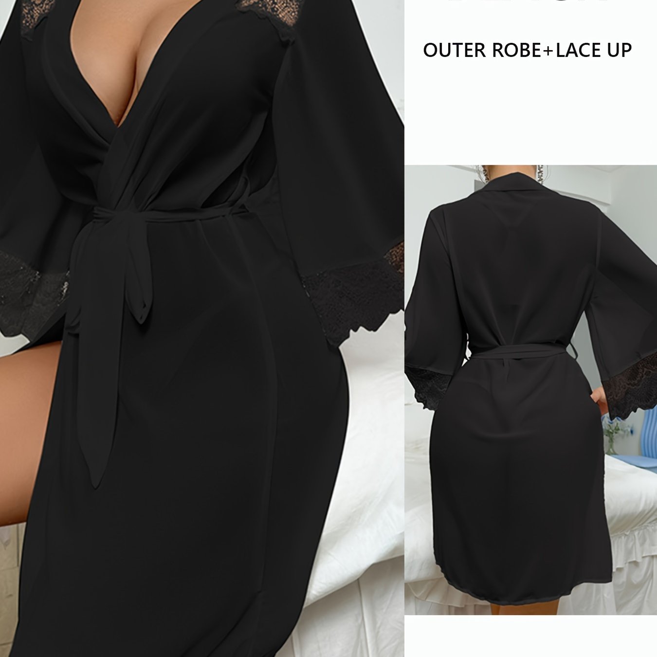 New Europe And The United States Hot Pajamas Chiffon Lace Patchwork Perspective Robe Temptation Ladies Cardigan Robe, Black, White, Red Three Colors Optional, W Robe + Belt, Suitable For Your Cardigan Gauze Robe,
