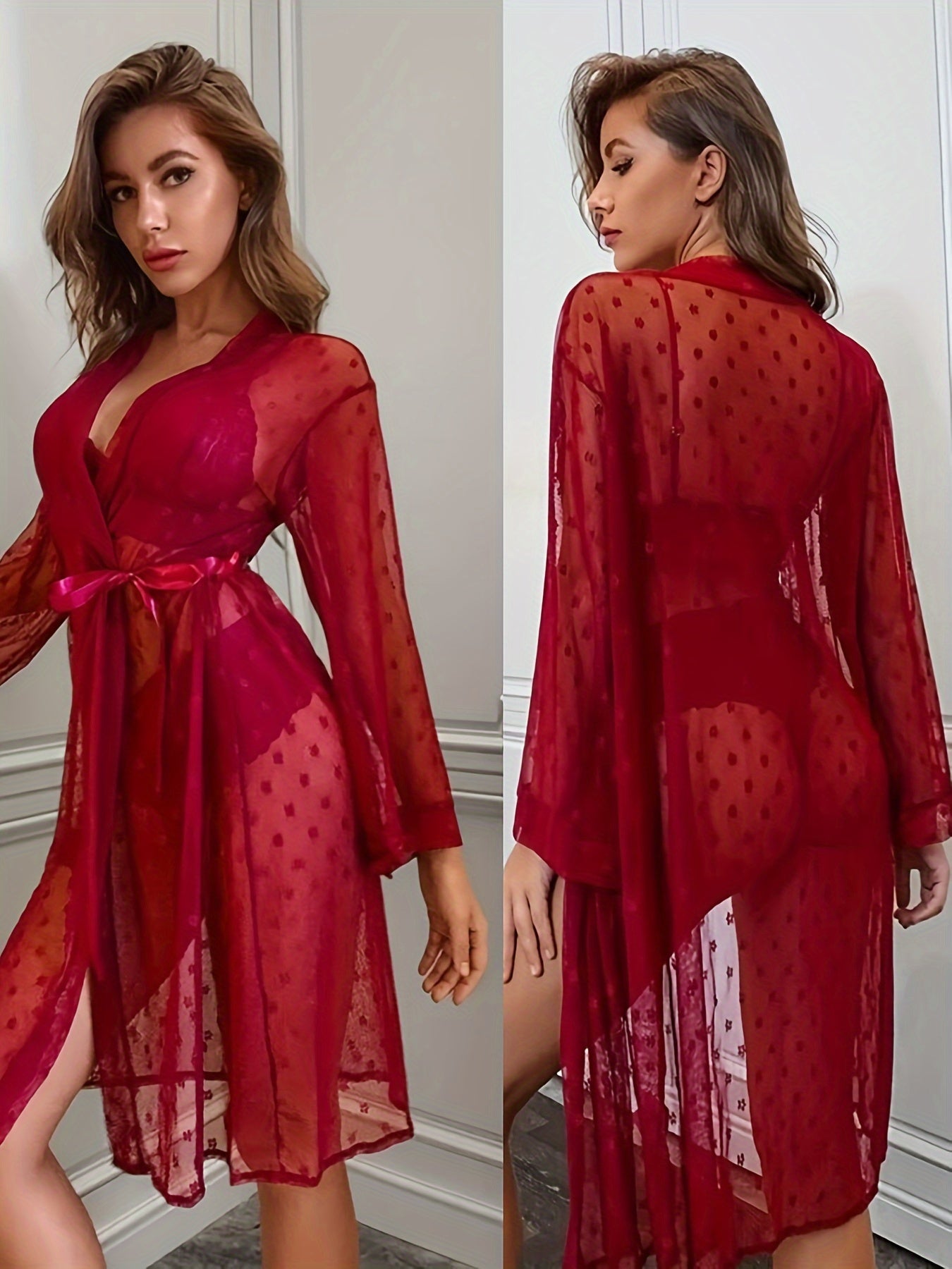 4-piece Set, Independent Station Sexy Gauze See-through Pajamas 4-piece Long Robe Bra Underwear Set, Red Print Design, Sleeve Lace Design, Super Transparent Sexy Robe, Show Your Beauty.