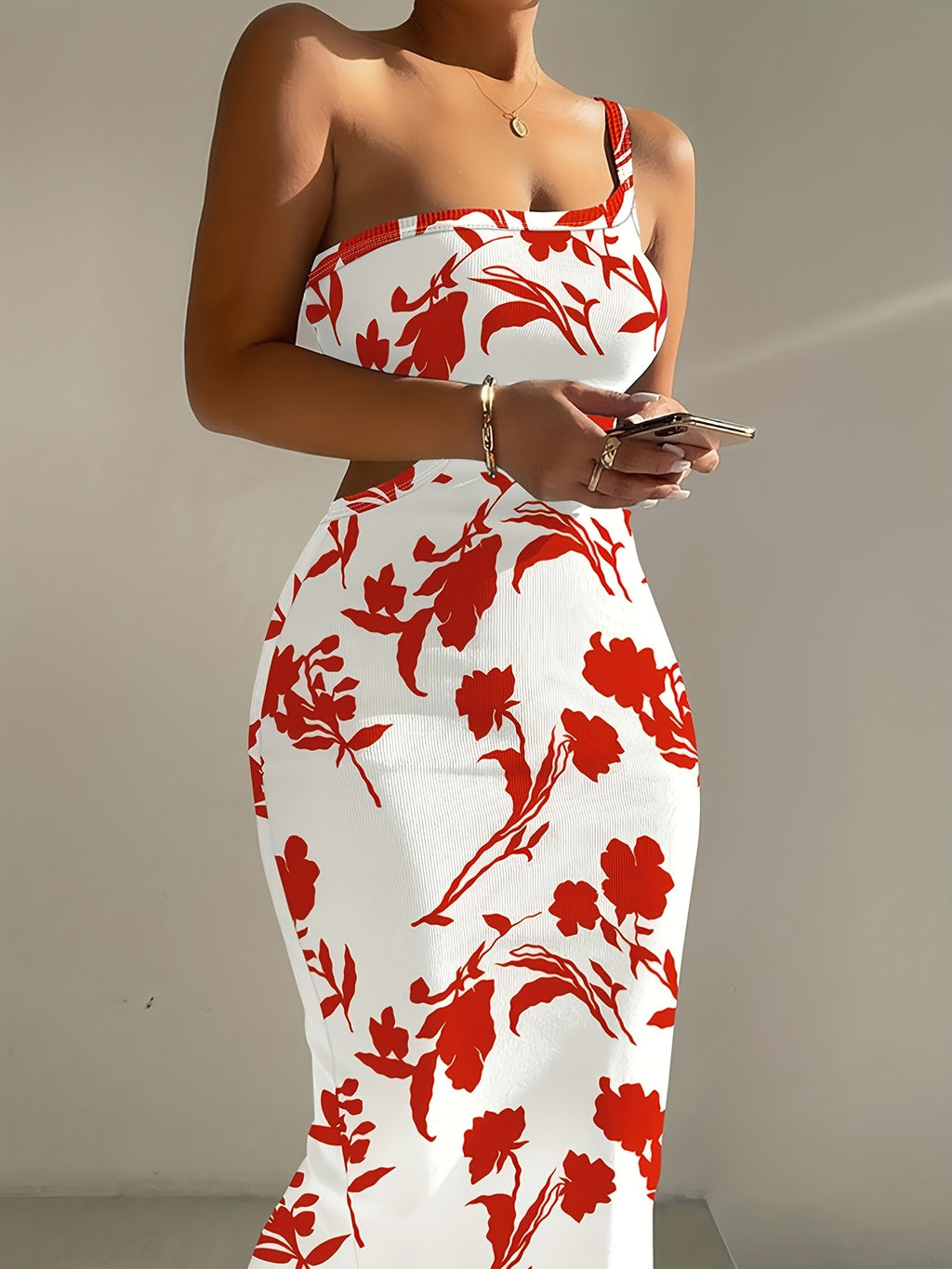 One Shoulder Ribbed Bodycon Dress, Floral Print Dress For Nightclub, Dating, Party, Women's Clothing