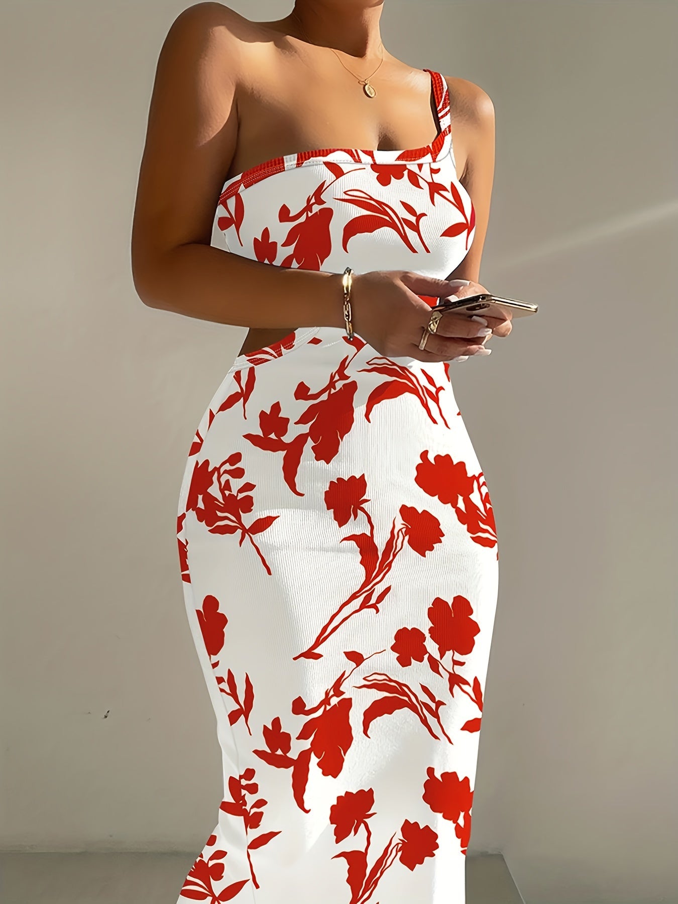 One Shoulder Ribbed Bodycon Dress, Floral Print Dress For Nightclub, Dating, Party, Women's Clothing