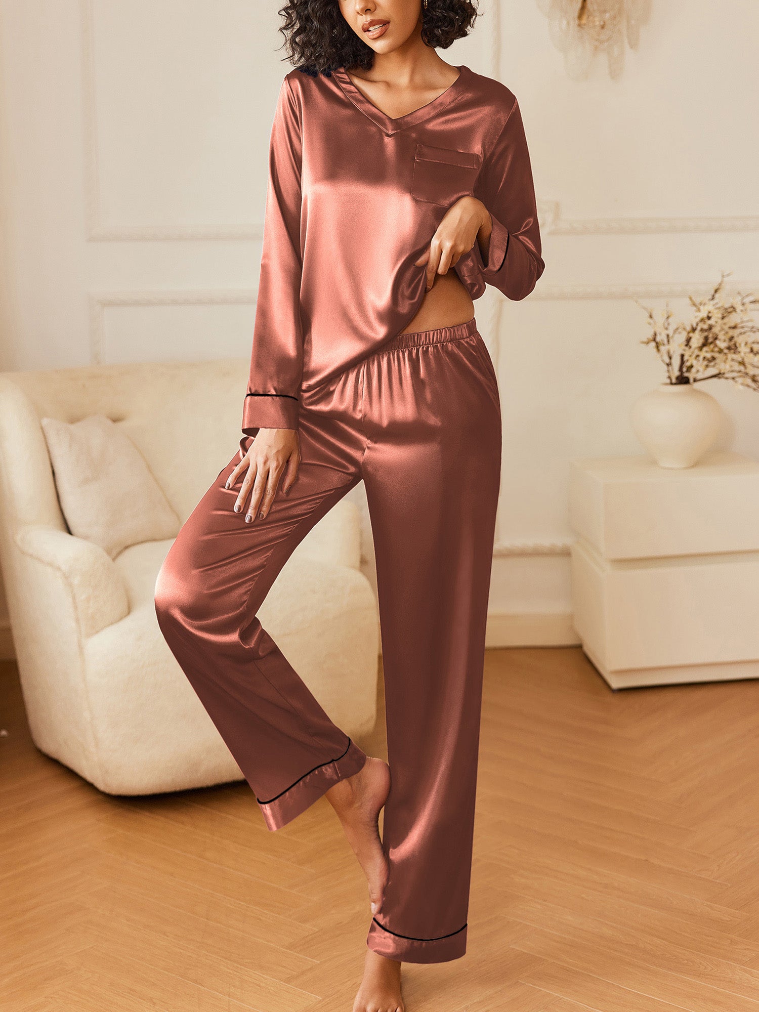 Luxurious V Neck Shirt with Long Pant Loungewear Satin Long Sleeve Pajamas Set Soft PJ Sleepwear Soft Nightwear Elegant Lounge Set Loose Relaxed skin-friendly Homewear V-neck top with Pj Pants Cute Pjs bridal parties pajamas