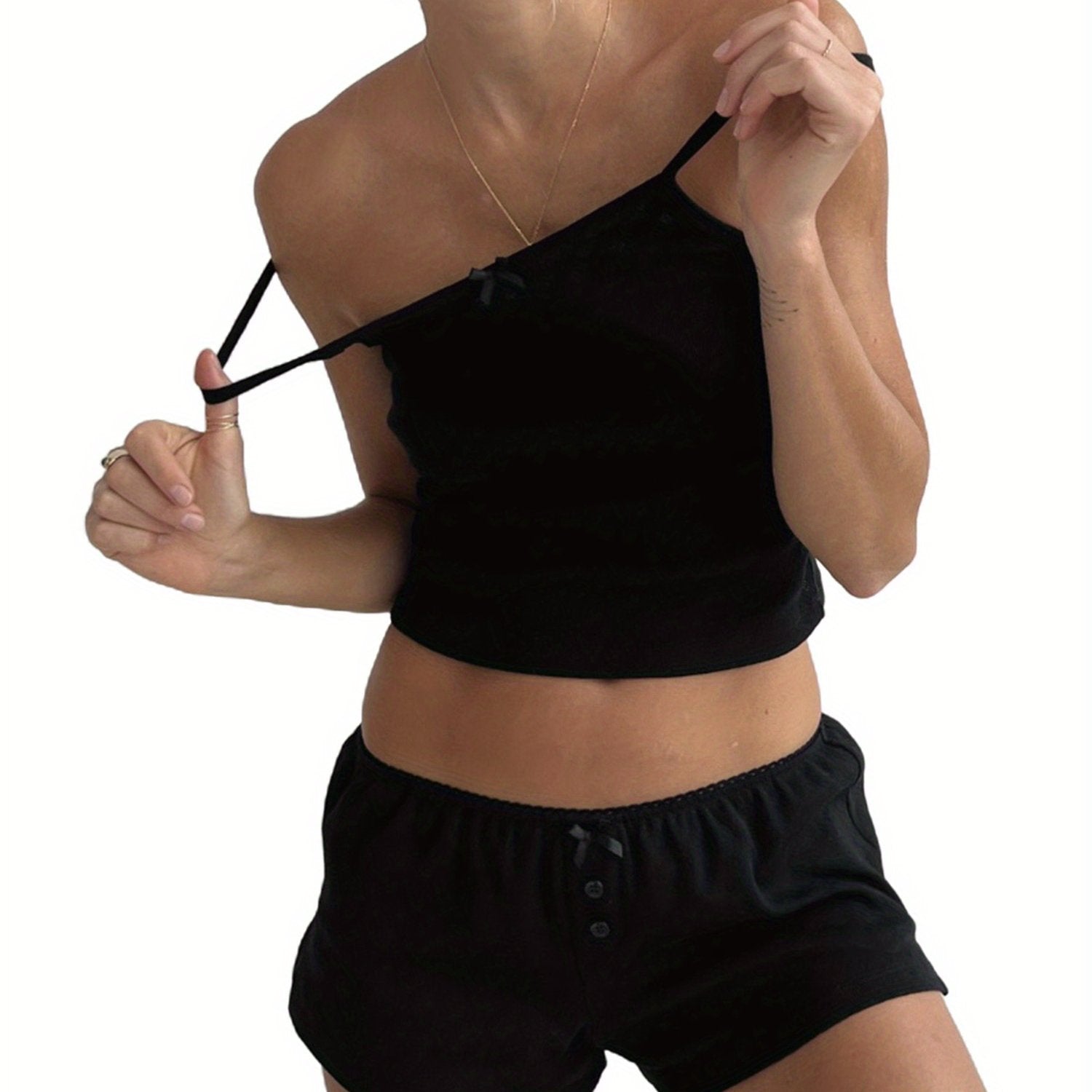 Women Loungewear Set 2pcs Suits Lace Trim Eyelet Camisoles Tank Tops and Shorts Pajamas Outfits