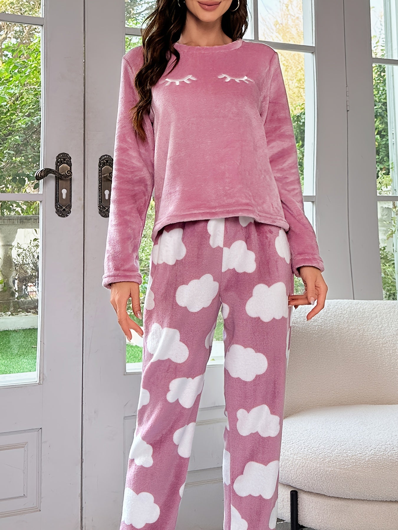Whimsical Print Pajamas Set - Cozy Long Sleeve Crew Neck Top & Soft Pants for Ultimate Comfort - Womens Sleepwear & Loungewear with Unique Eyelash and Cloud Design