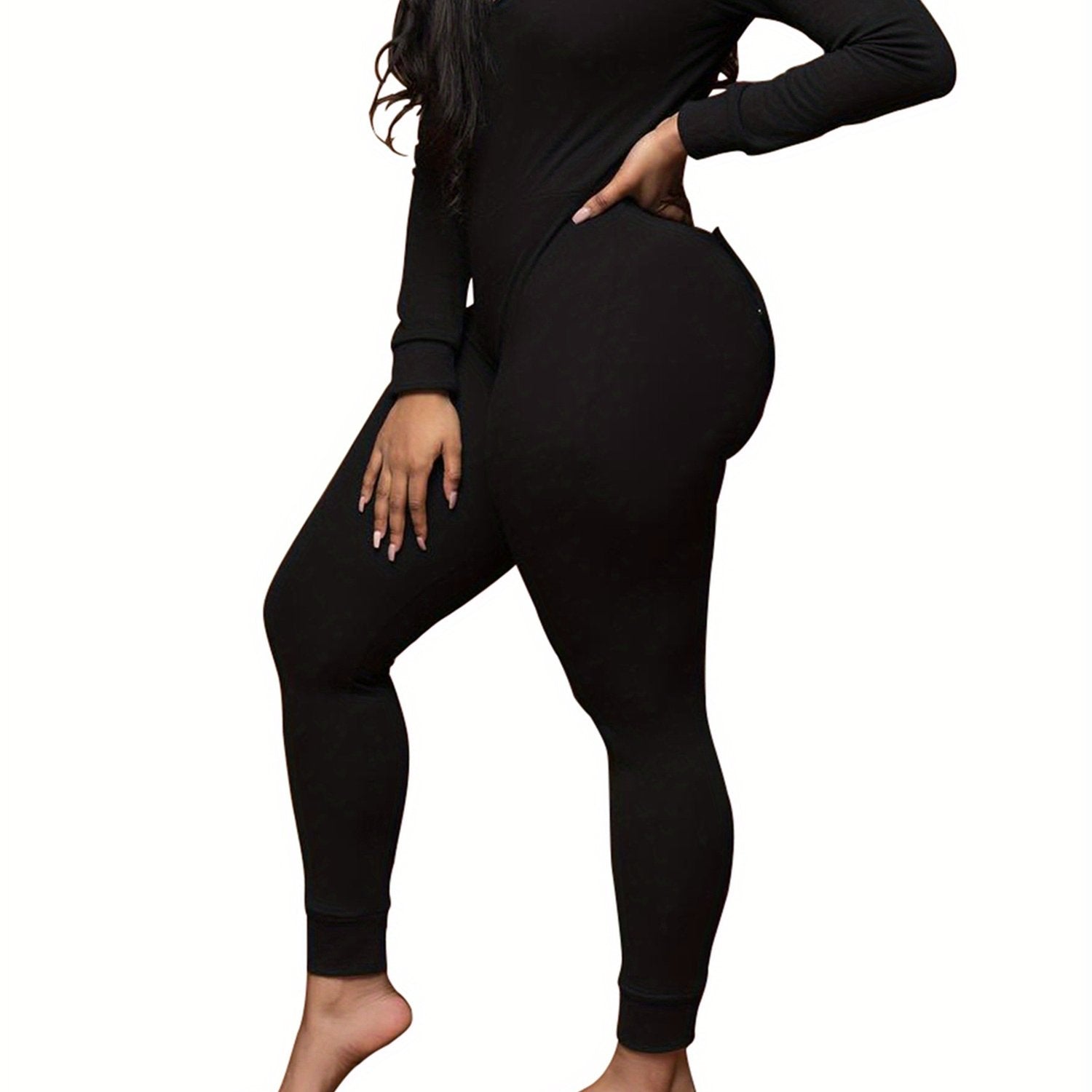 Luxurious Deep V Neck One Piece Bodycon Jumpsuits - Soft Long Sleeve Pajamas Pants with Flap, Comfortable Home Wear Outfit for Women - Cozy Rompers for Relaxation and Leisure