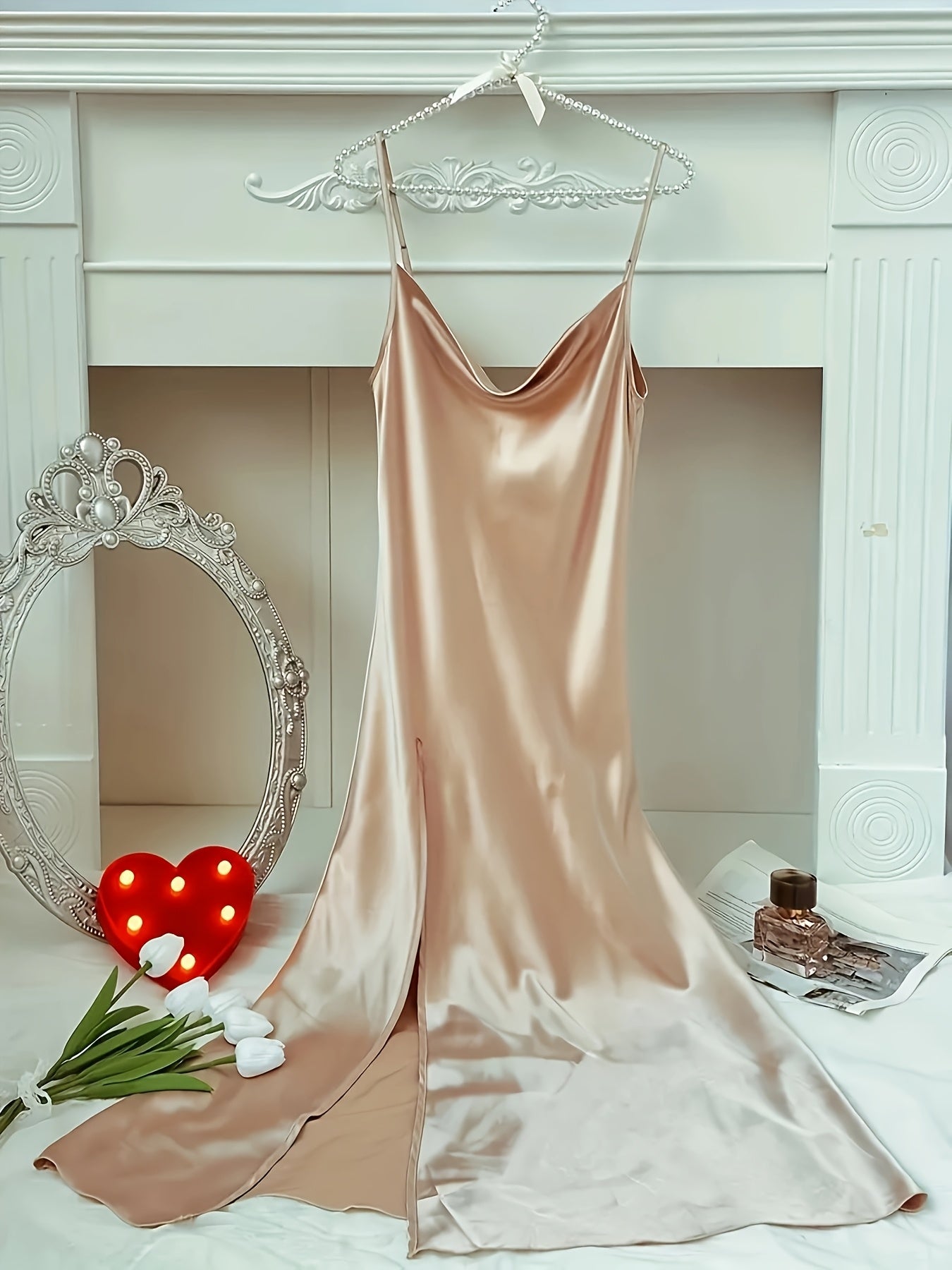 Elegant Solid Color Satin Camisole Nightgown, High Neck Side Slit Backless Nightgown, Women's Pajamas And Dresses