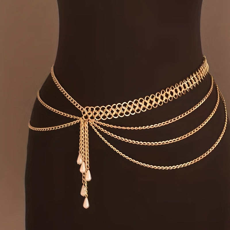 Multi-layer Boho Waist Chain Vintage Geometric Faux Pearl Pendant Fringe Chain Belt Golden Decorative Dress Girdle Jewelry For Women And