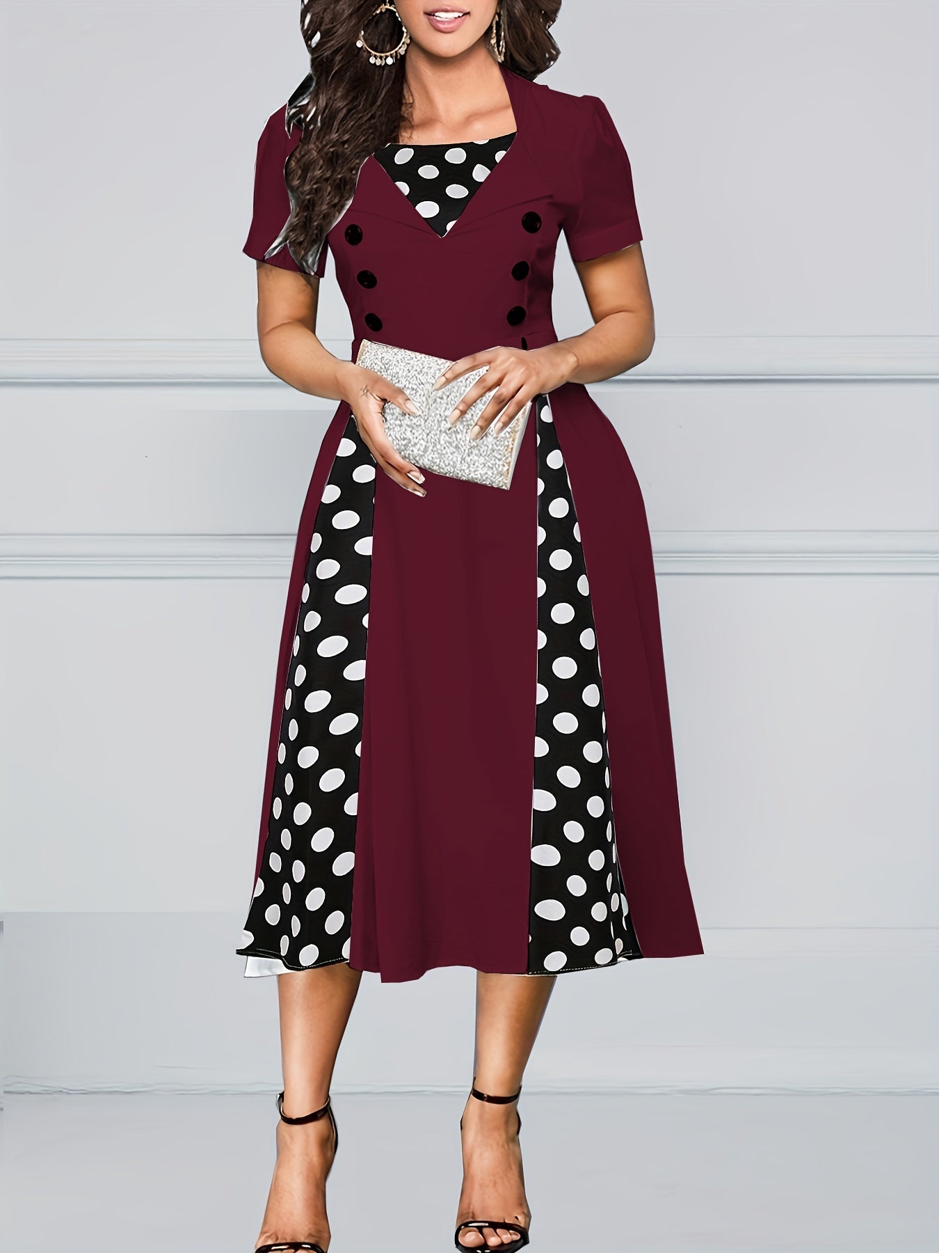 Polka Dot Color Block Button Dress, Elegant Short Sleeve Dress For Spring & Summer, Women's Clothing