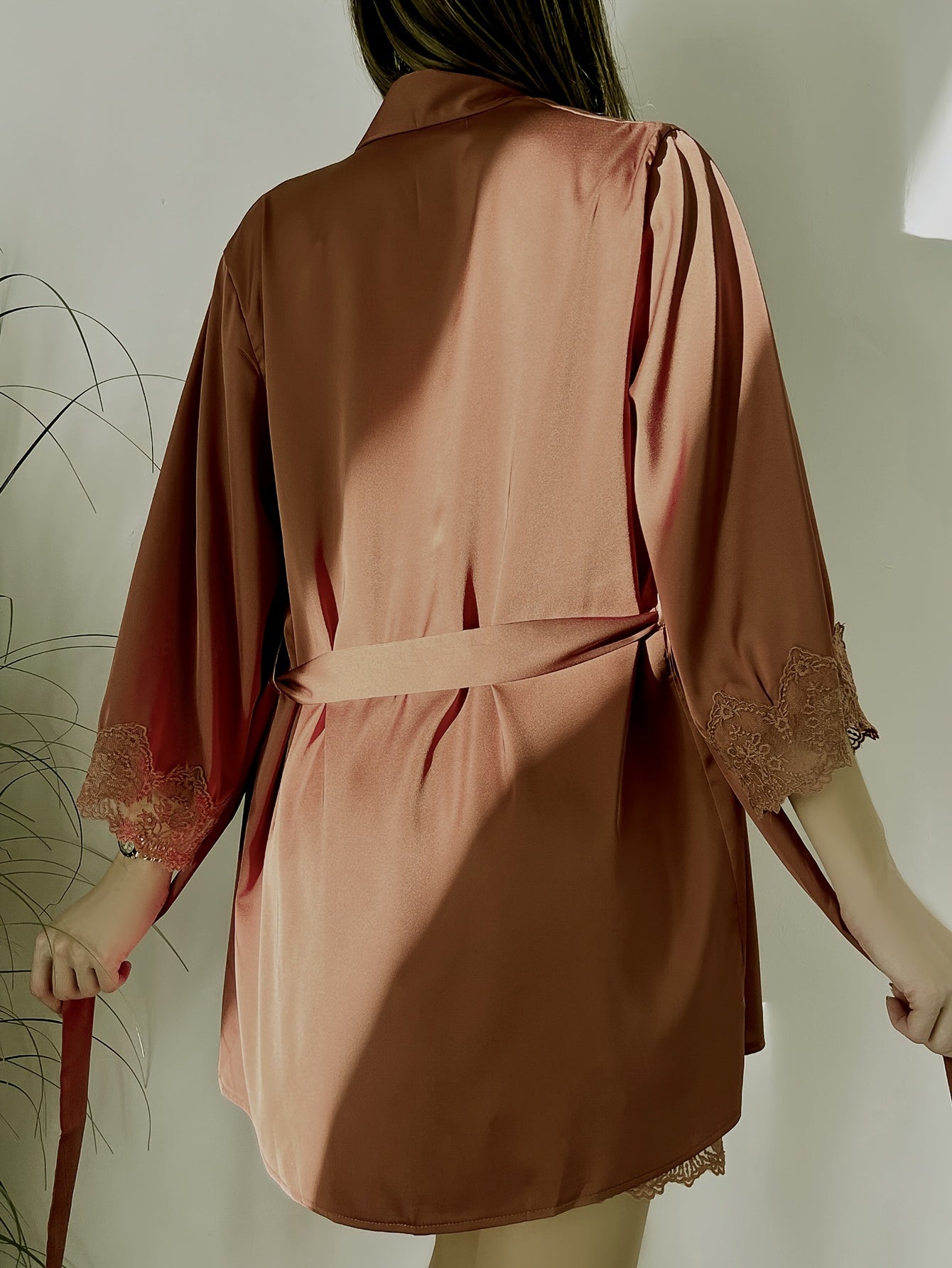 Elegant Women's Satin Lace Pajama Set - V-Neck Slip Nightgown with Long Sleeve Tie Robe, Breathable & Comfortable, Solid Color with Lace Detailing, Perfect for All Seasons, Lace Lingerie