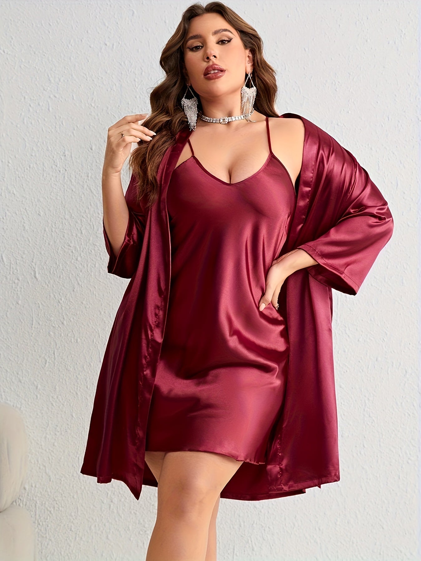 Plus Size Sexy Bathrobe Set, Women's Plus Satin Long Sleeve Open Front Belted Kimono Robe & V Neck Crisscross Back Cami Dress Pajamas Two Piece Set