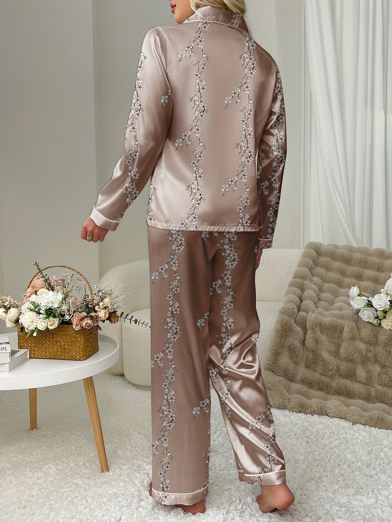 Plant printed long sleeved women's satin pajamas, pants, pajamas, home clothing set